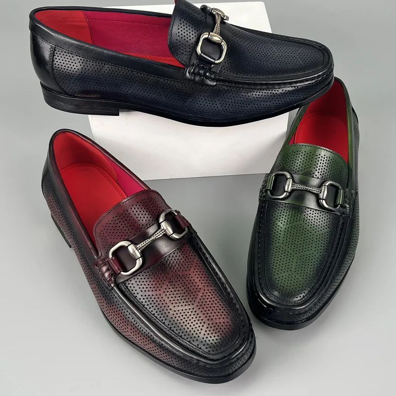 Men Dress Shoes Loafers Genuine Leather Shoes Business Wedding Party Shoes Men Slip On Casual Green Shoes Office Formal Shoes