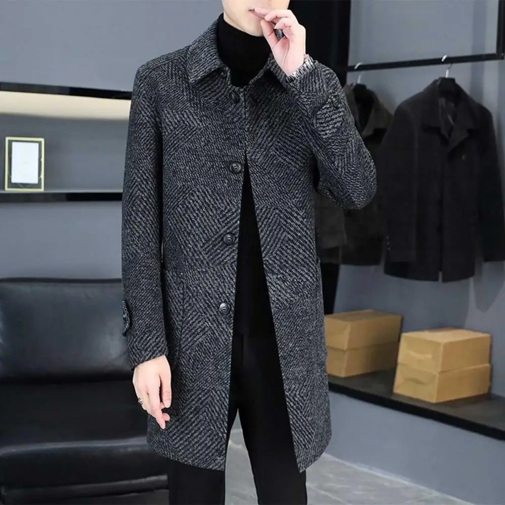 

Men Lapel Coat Stylish Men's Woolen Coat With Lapel Pockets For Wear Long Sleeve Single Breasted Mid-length Overcoat Men Woolen