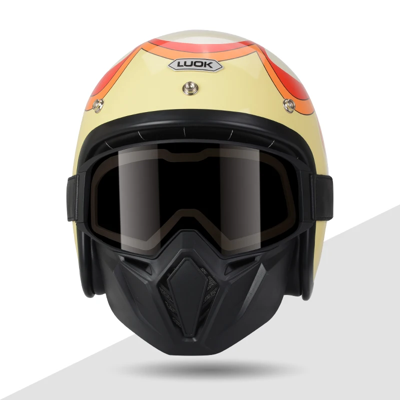 

KEAZ Motorcycle Open Face Helmet With Red Flame Graphics Retro 3/4 Vespa Moto Helmet With Goggle Mask Anti-Len