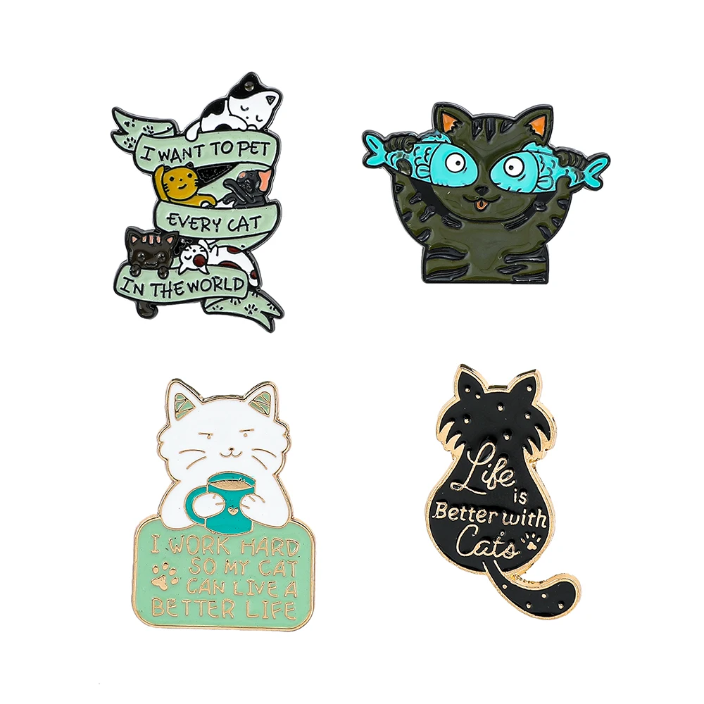 

4 Pcs Cartoon Cat Brooch Funny Cat Eating Fish Drinking Tea Enamel Metal Badges Backpacks Clothing Accessories Wallets Pendants