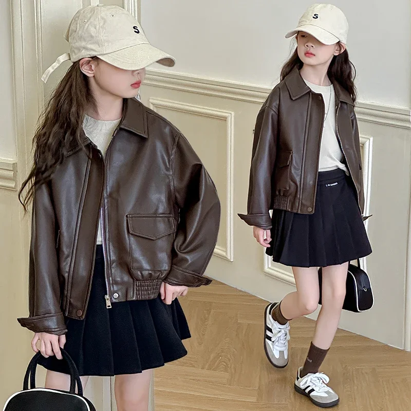 

Fashion Leather Jacket For Girl Single Breasted Children's Casual Outerwear Autumn Winter Plush Lined Kids Zipper Clothes