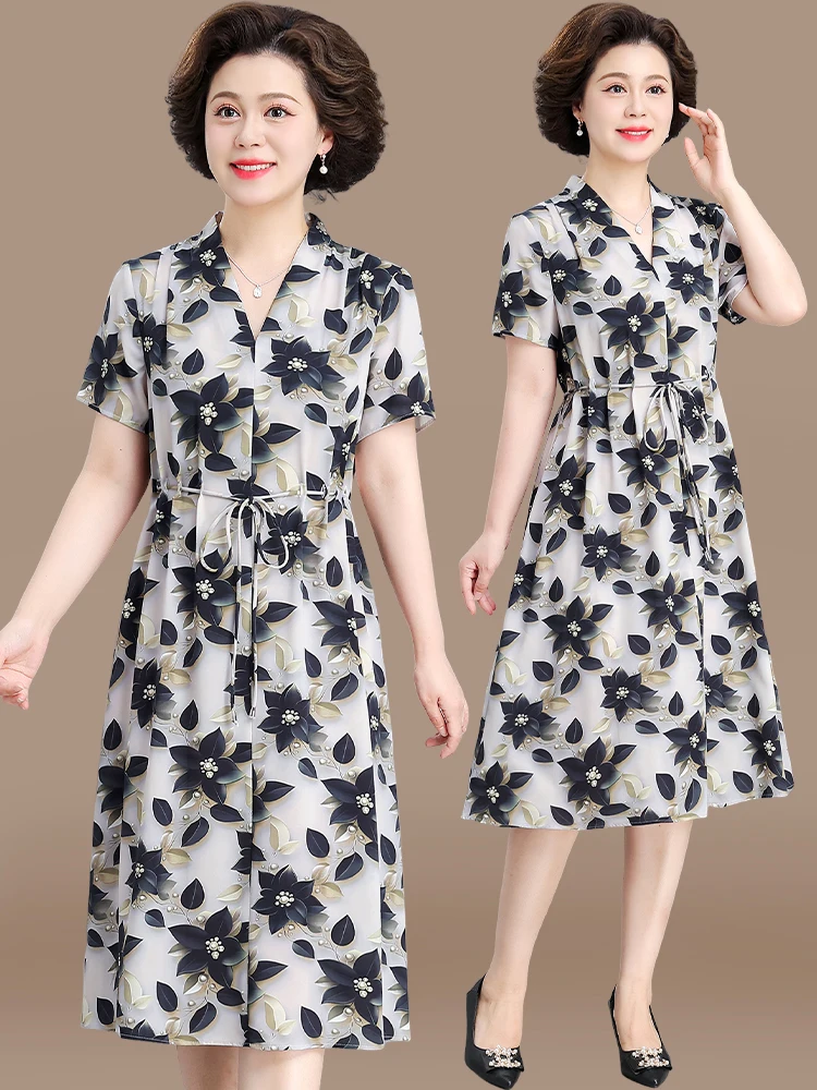 

Faionable Summer Dr for Middle-Aged Mothers Ele Ladylike Wide Sve Chiffon ort Sve Midi Dr Polyester Fiber