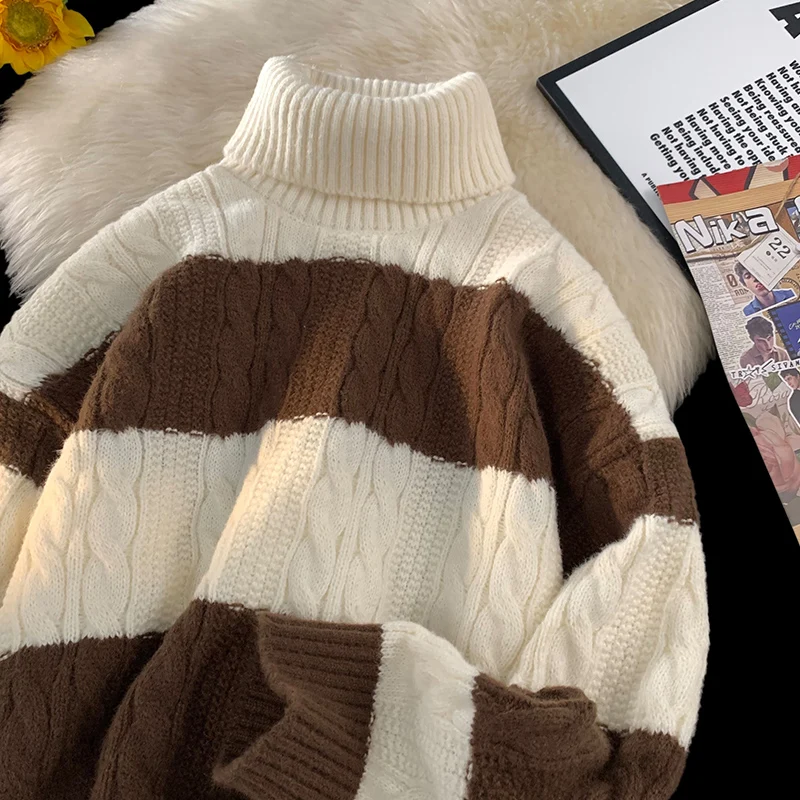 

Мужской трикотажный свитер в стиле колор-блок с полосками, весна-осень, комфортный, свободный крой, высокий воротник, американский ретро-стиль, базовый слой, внутренняя одежда