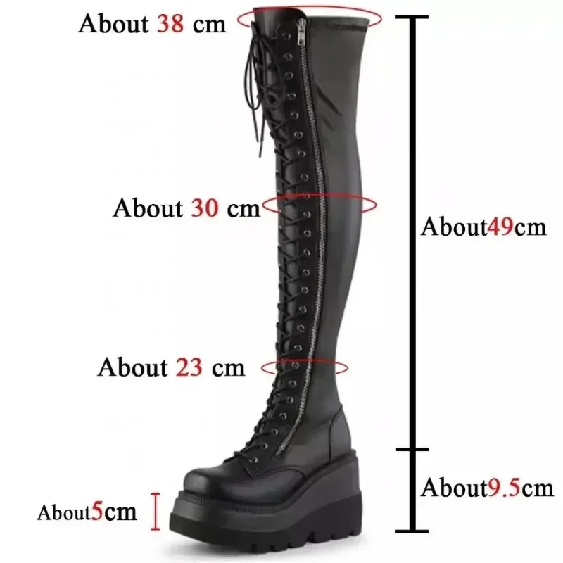 

Gothic Thigh High Boots Women Platform Wedges Motorcycle Boot Over The Knee Army Stripper Heels Punk Lace-up Belt Buckle Long