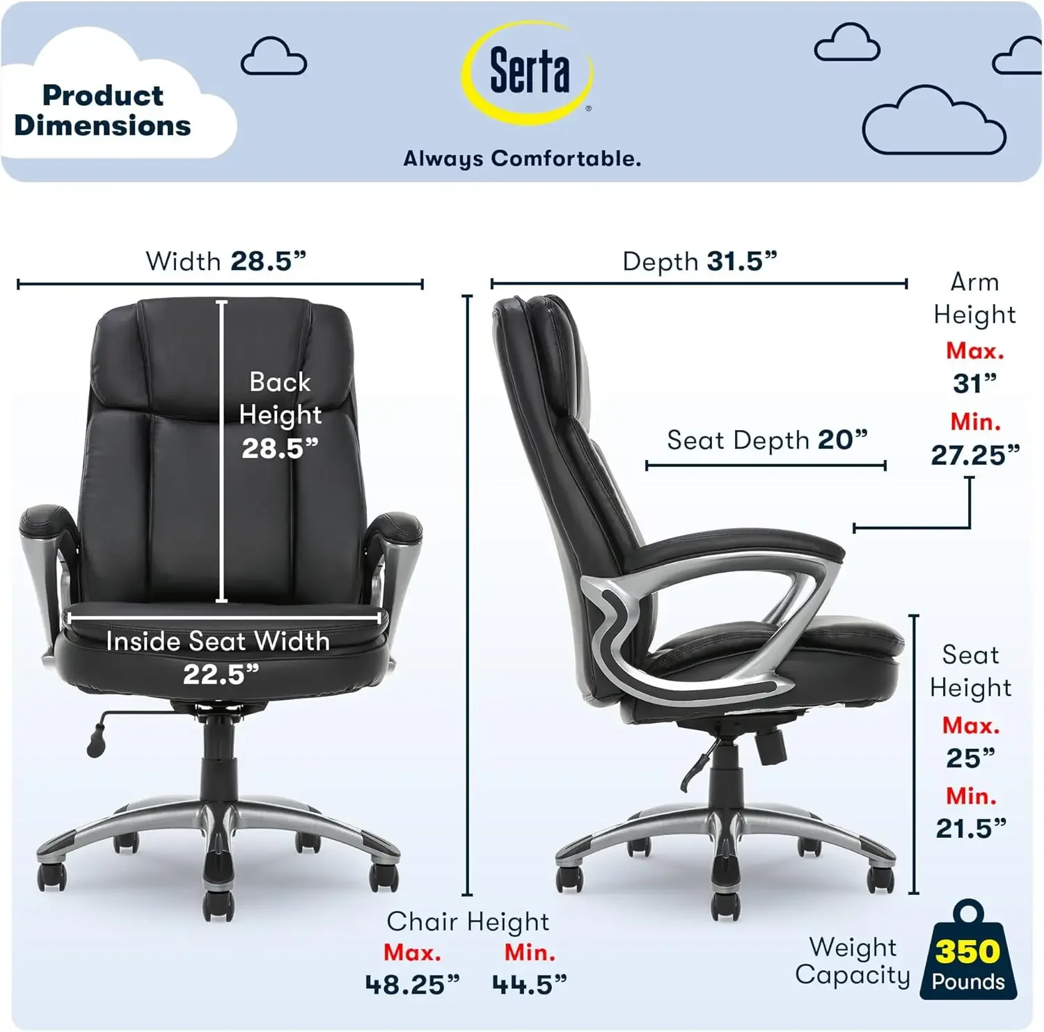 Serta Fairbanks Big and Tall High Back Executive Office Ergonomic Gaming Computer Chair with Layered Body Pillows, Contoured