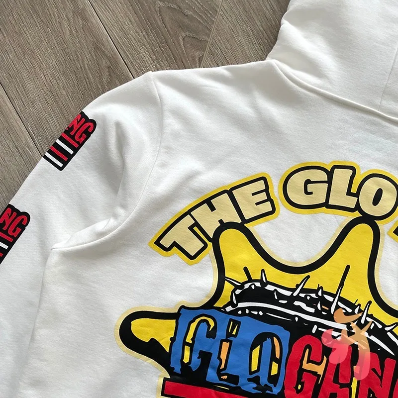 Mannen Vrouwen Glo Gang The Glory Jassen Mode Hiphop Street Cup Drank Cartoon Print Witte Rits Hoodie