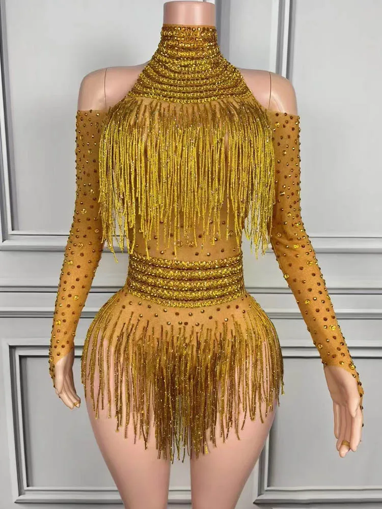 

High Quality Hot Pressed Diamond Tassel Sexy Loose Shoulder Elastic Jumpsuit Gold 2024 New Fashionable Women'S Clothing