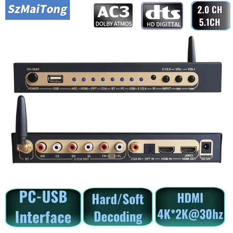 

HDMI-compatible Audio Extractor DTS Dolby Digital Audio 5.1 Decoder Coaxial SPDIF PC USB Bluetooth5.0 Input ARC for Home Theatre