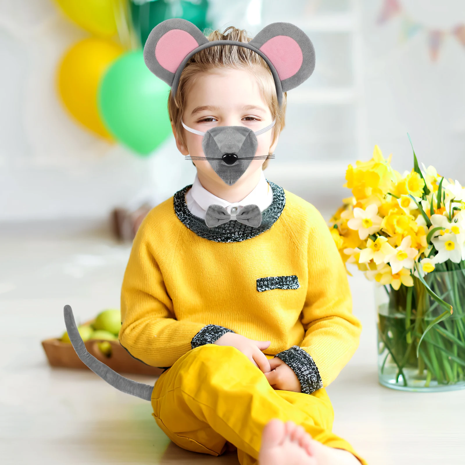 Zestaw Uszy Myszki Opaska na Głowę Kostium Dziecięcy Nos Zwierzęcy Ogon Muszka Akcesoria do Cosplay na Imprezę Rekwizyty Fotograficzne Artykuły Festiwalowe