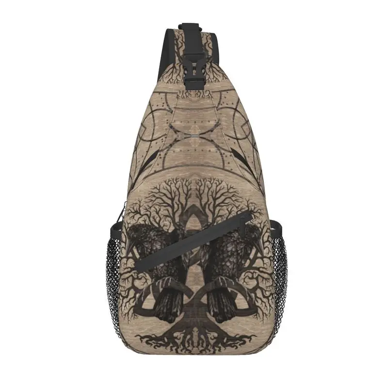 Tree Of Life With Ravens Wooden Texture Sling Crossbody Chest Bag Men Norse Viking Odin God Shoulder Backpack for Camping Biking