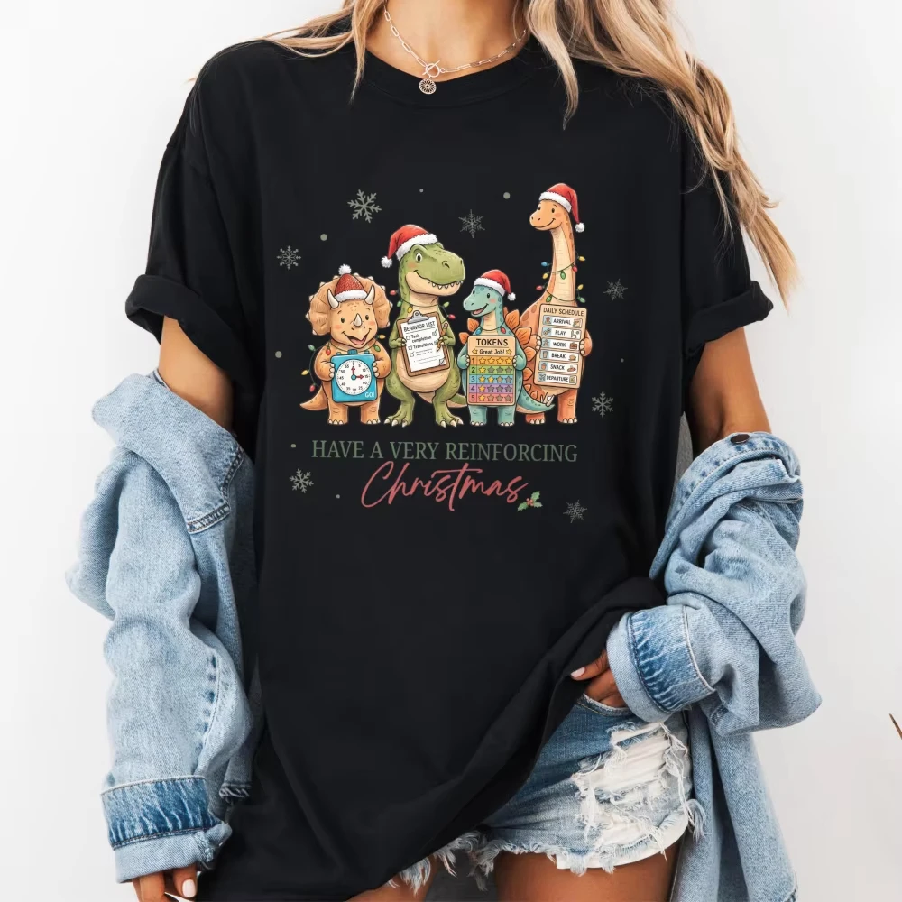 2026 New Funny Dinosaur ABA Therapist Christmas Graphic T-Shirt Behavior Technician BCBA RBT T Shirts Gift Di