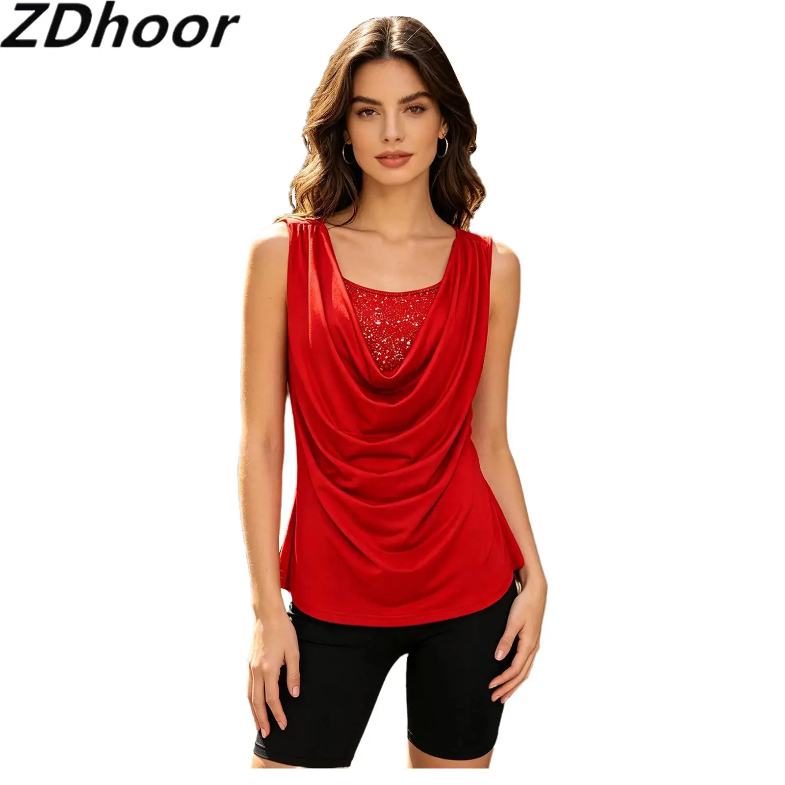 Women Sleeveless Cowl Neck Tank Top Front Metallic Shiny Printed Layer Draped Ruched Stretchy Vest Blouse for Office Work Party