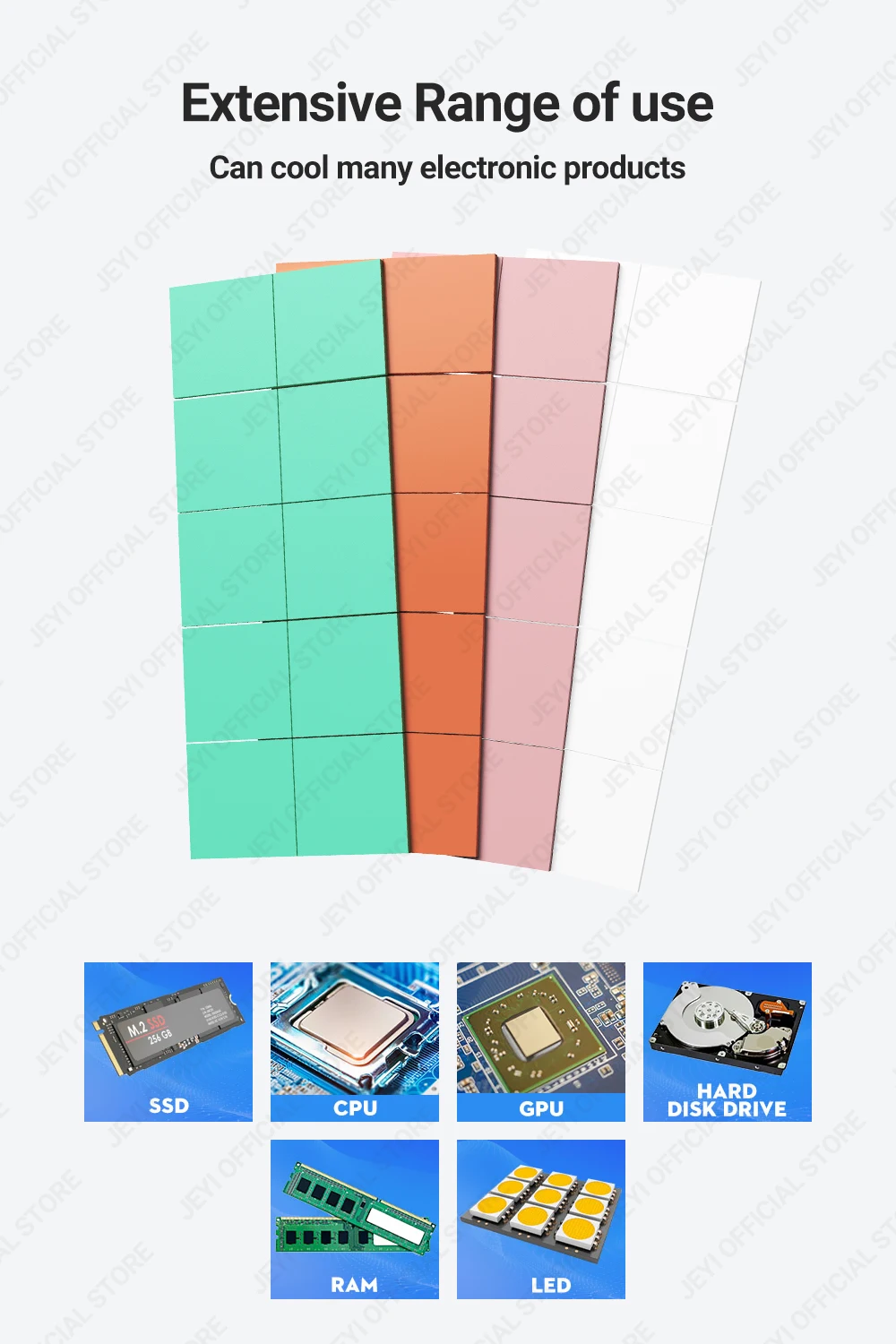 JEYI 100er-Pack wärmeleitende Silikonpads, M.2 SSD NVMe NGFF Thermal Pad für PC Laptop Kühlkörper/GPU/CPU/LED-Grafikkarte – Detail 2