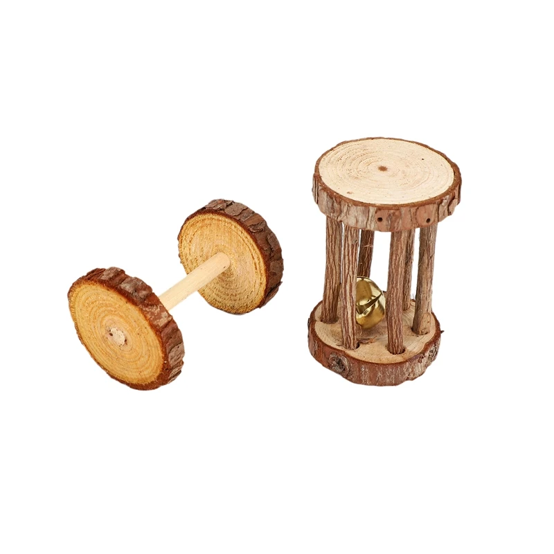 5 Pcs Natural Wooden Playing Chewing Toys For Small Animal Hamster Gerbil Mouse - Tunnel, Ball, Bell Roller, Dumbbell, Unicycle