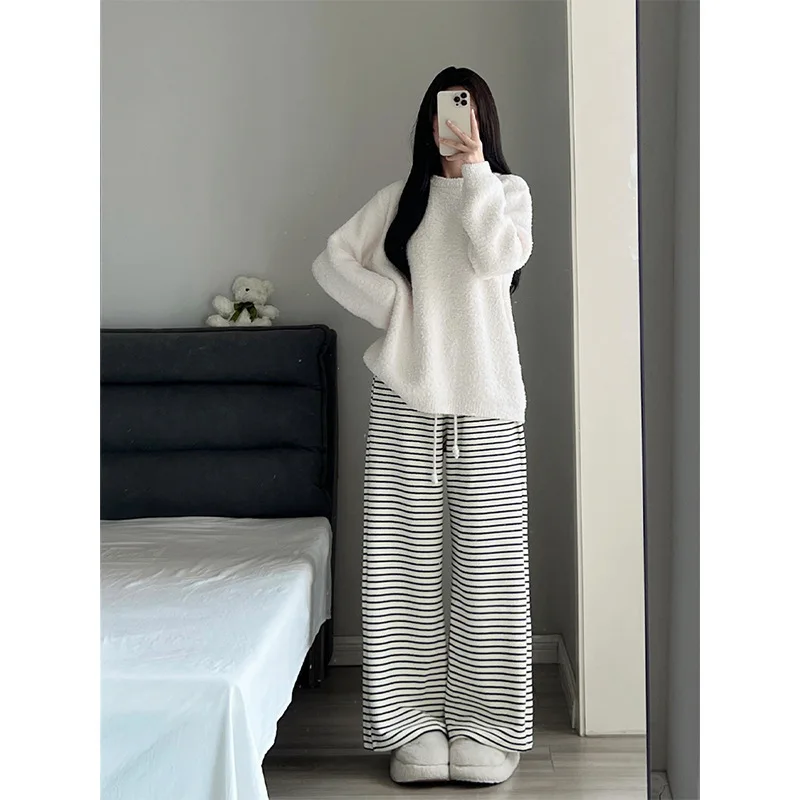 

Simple Striped Half-fleece Women's Pullover Sweater And Trousers 2-piece Set Winter Thick Outerwear Loungewear Set Pajamas