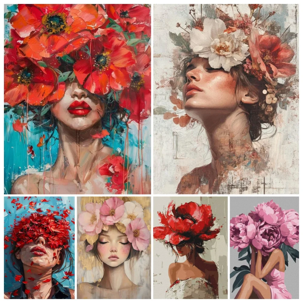 Fashion Floral Woman Portrait Poster Print For Living Room Home Decor Modern Flowers Girl Canvas Painting Abstract Wall Art