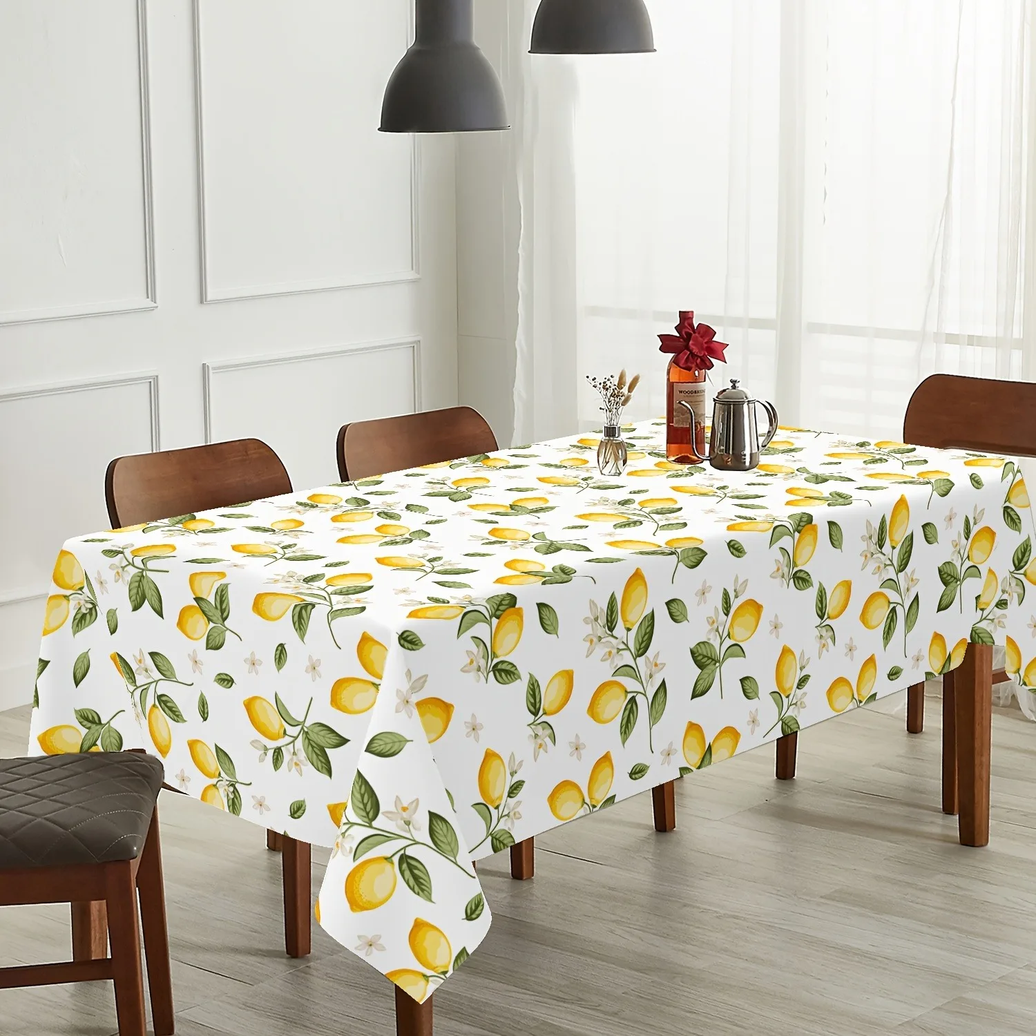 One-piece tablecloth - lemon tablecloth, spring home decoration, yellow and green leaves, white flowers, for kitchen tablecloth