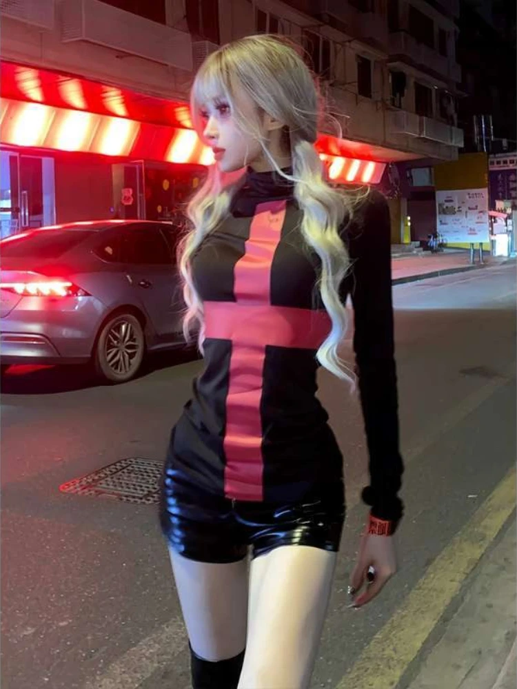 الخريف Y2k الأسود القوطية الصليب طباعة تي شيرت المرأة الحلو الساخن فتاة سليم صالح موضة تيز ثقافة فرعية خمر الشرير قاعدة القمم جديد #2