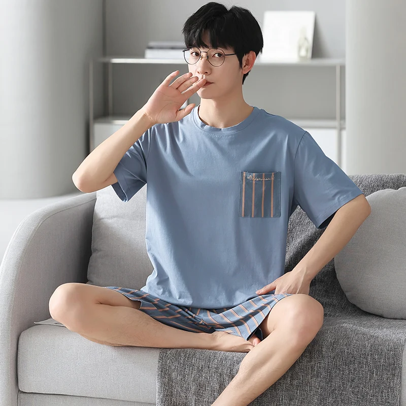 Summer modal cotton round neck men's short sleeved shorts and pajama set, casual plaid oversized pullover, simple home clothing