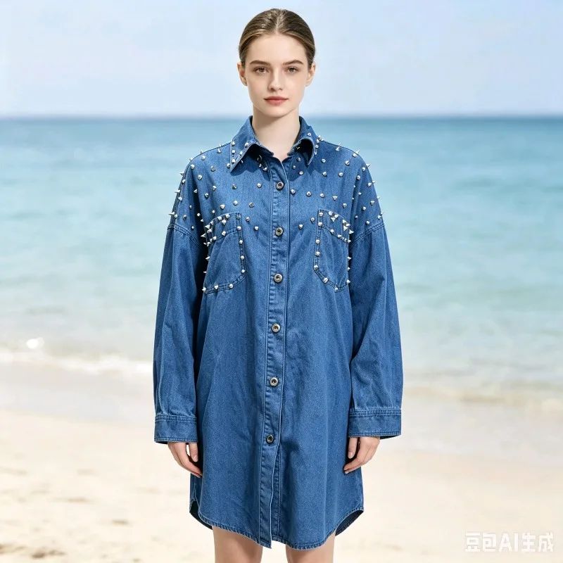 SuperAen European and American Style Denim Jackets for Women Mid-length Decorative Rivet Fashion Single Breasted Top Coats