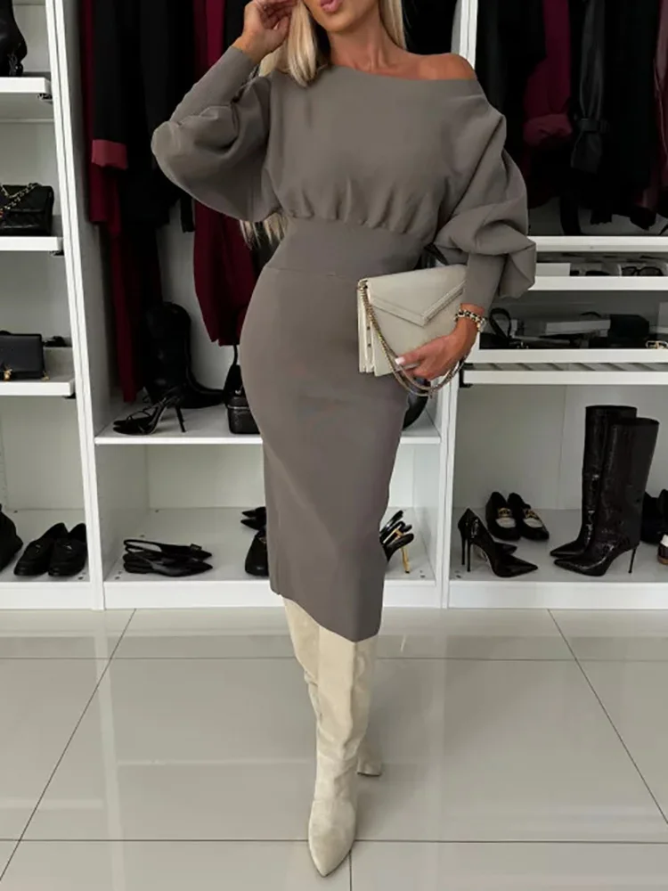 Slash Neck Solid Patchwork Simple Party Dress, Women Spring Autumn Long Batwing Sleeve Maxi Dress, New Fashion Slim Ladies Dress