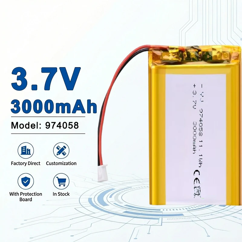 

Аккумулятор LiPo 974058 3000 мАч 3.7В, перезаряжаемый литий-полимерный (PH2P) для массажных устройств, GPS-трекеров, 103665, 755060, 655063