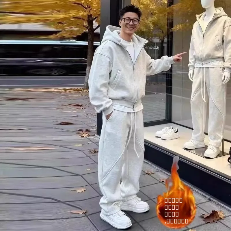 

Men's Faionable Fce Lined Hooded Thiened Sweatirt Pants Set Autumn Winter Large Size Luxury Two Piece Casual Sportswear