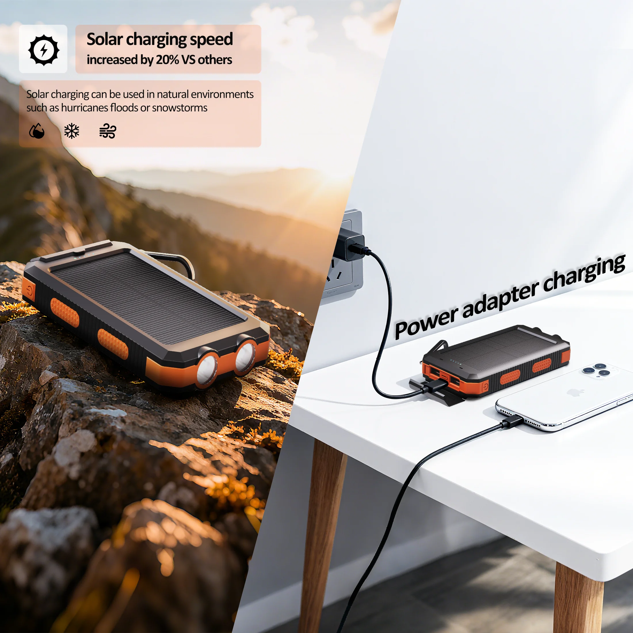 Solar power bank 38800mAh with built-in cable, lightweight and large capacity universal mobile power supply for mobile phones