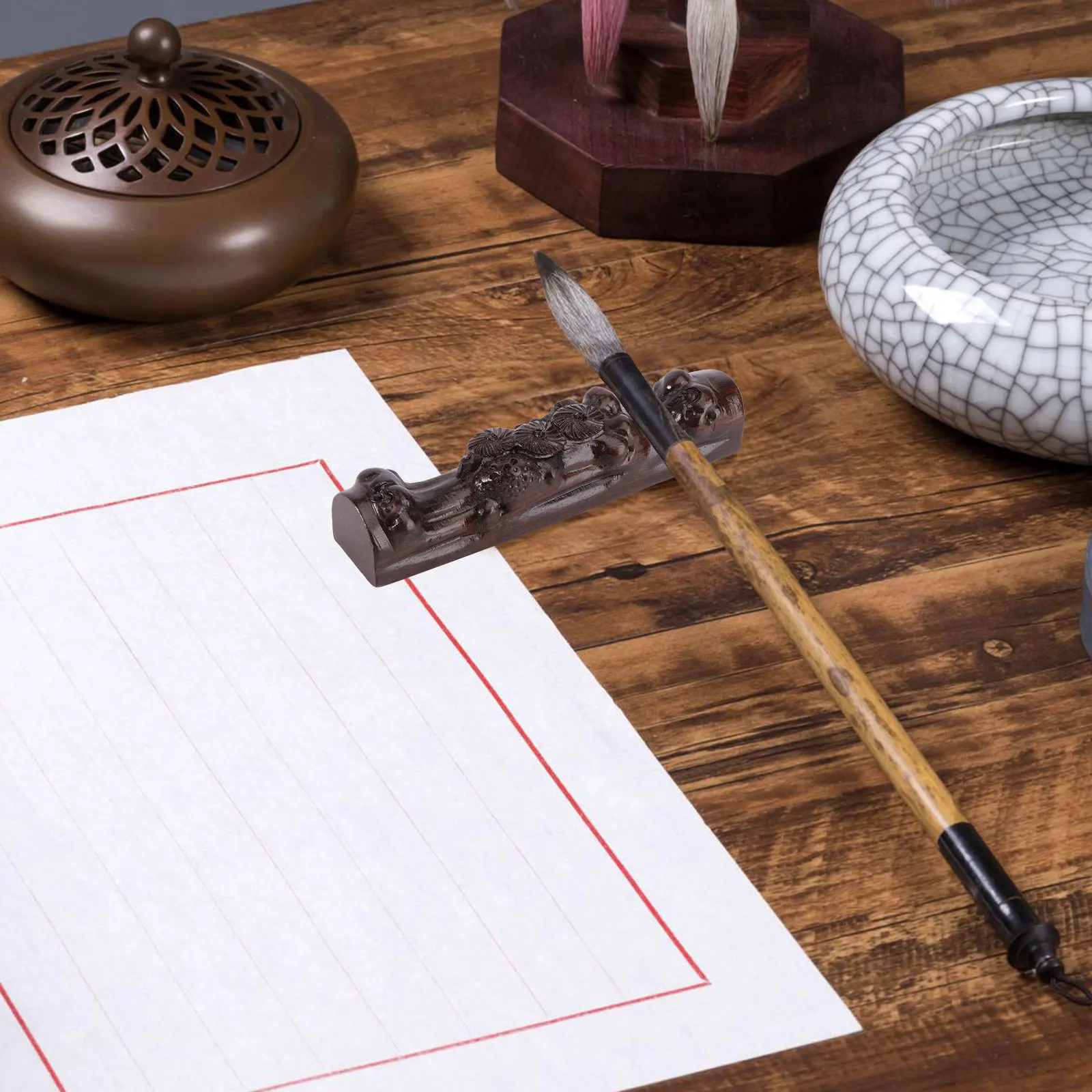 1Pcs Chinese Calligraphy Pen Holder Ebony Wood Brush Rack Ink Stand Exquisite Desktop Organizer Chinese Calligraphy Pen Holder