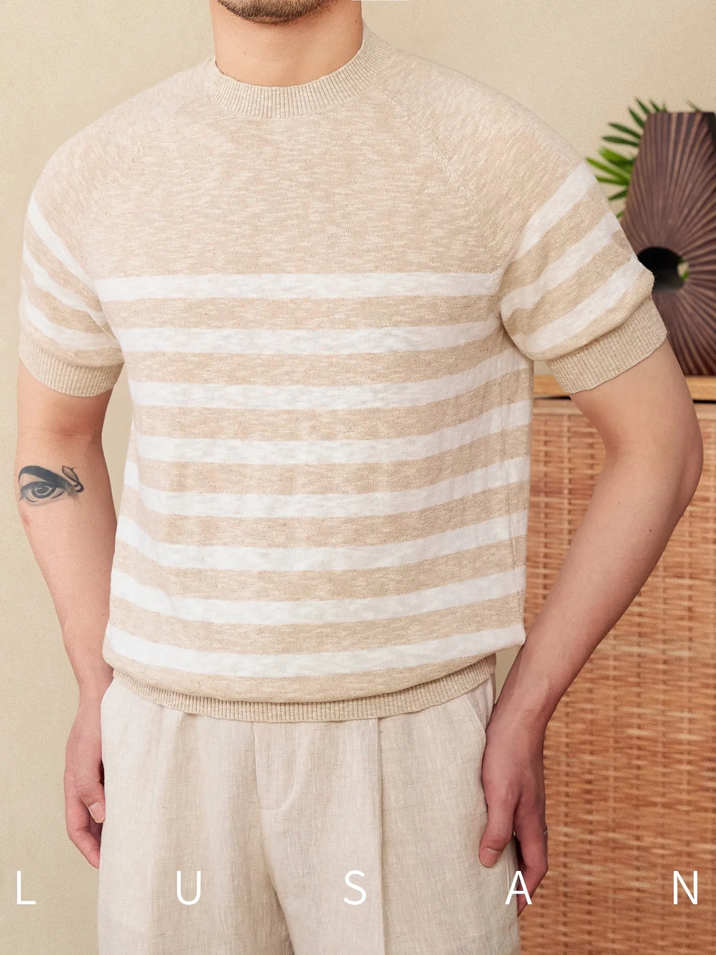 

Men's Linen Blend Striped Knitted T-Shirt Summer Casual Cotton Short Sleeve Round Neck Sailor Style Trendy Tee