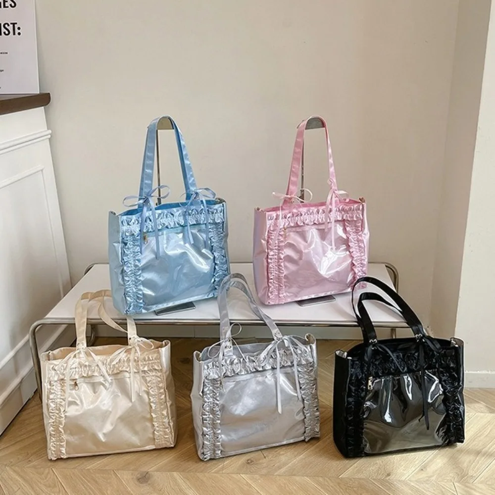 

Sweet PVC Transparent Itabag Ruched JK Bow Tote Bag Ribbon Ballet Style Nylon Handbag School