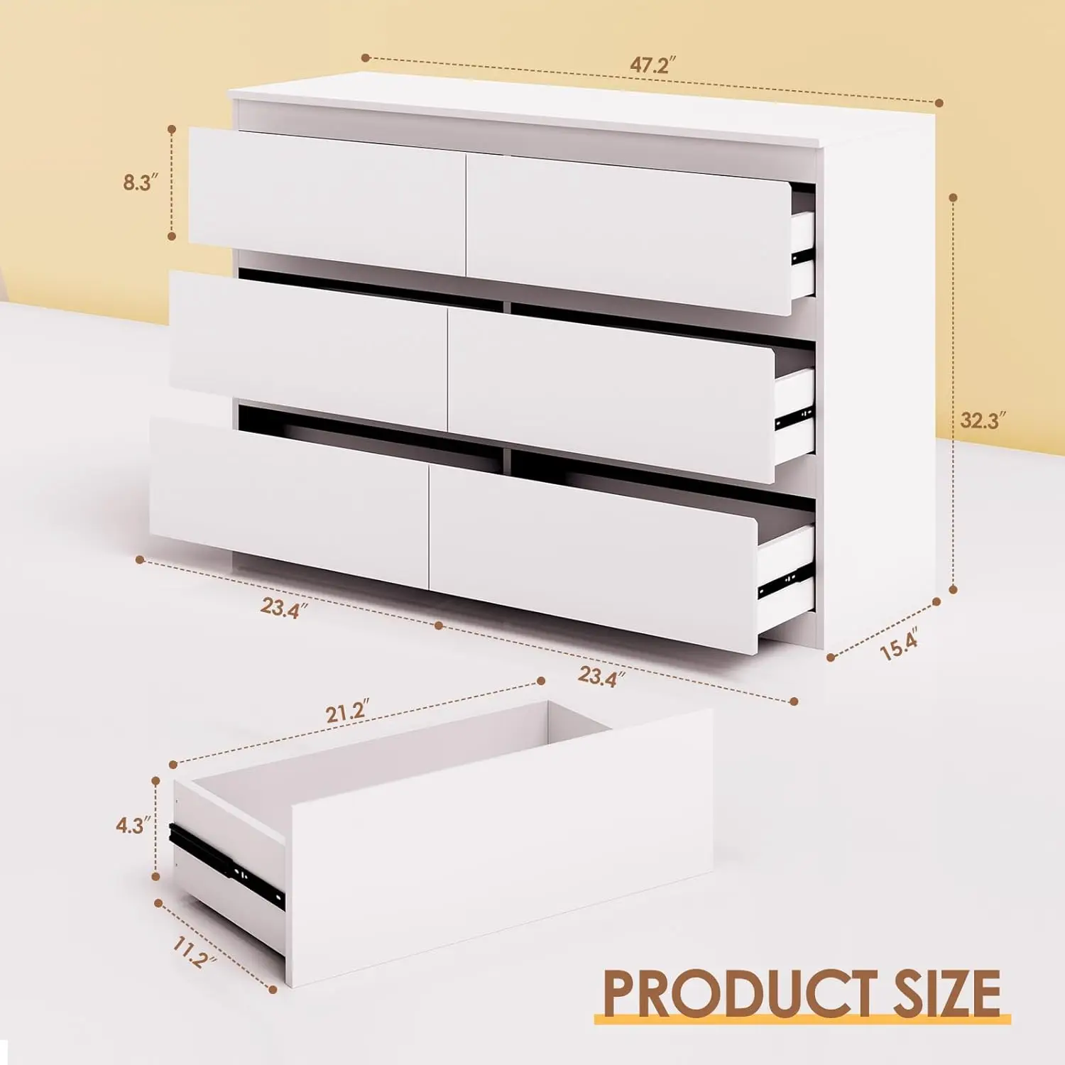 White Wood Dresser for Bedroom, Living Room & Entryway with 6 Wide Drawers for Clothes Storage, Multi-Functional view 2