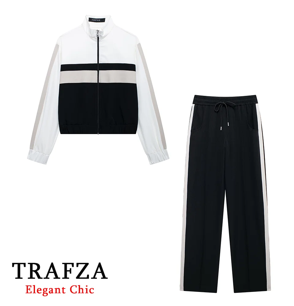 TRAFZA-Women Fashion Side Stripe Jacket Pant Set Zipper Contraste Jacket + Pant 2 Pieces Set New Spring Autumn Sports Style Suit