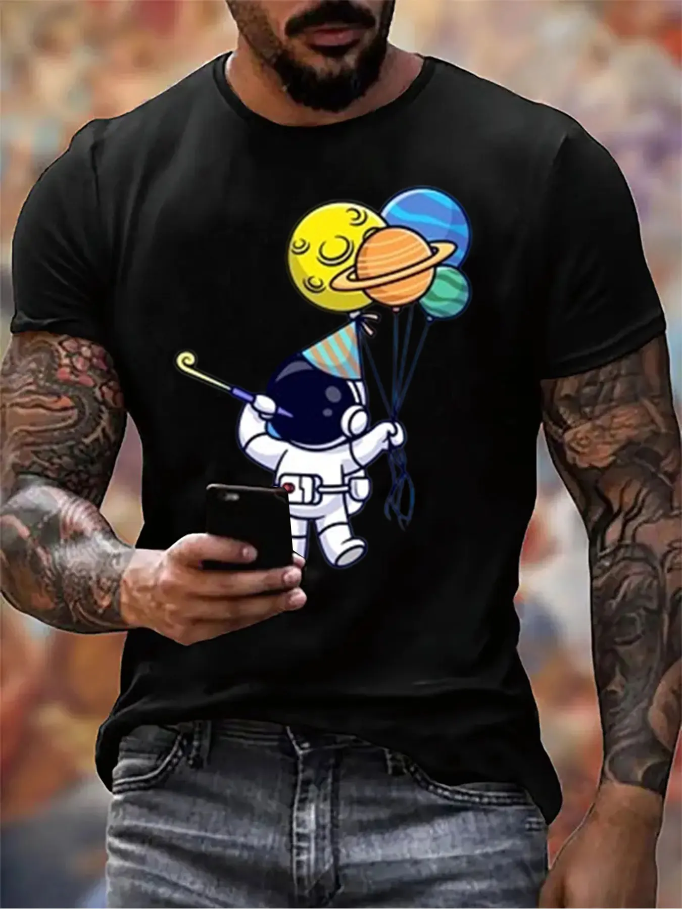 

Men's Cotton Astronaut Balloon Print Tee For Christmas Gift, Soft Crew Neck Shirt For Outdoor Activities, Top For Him