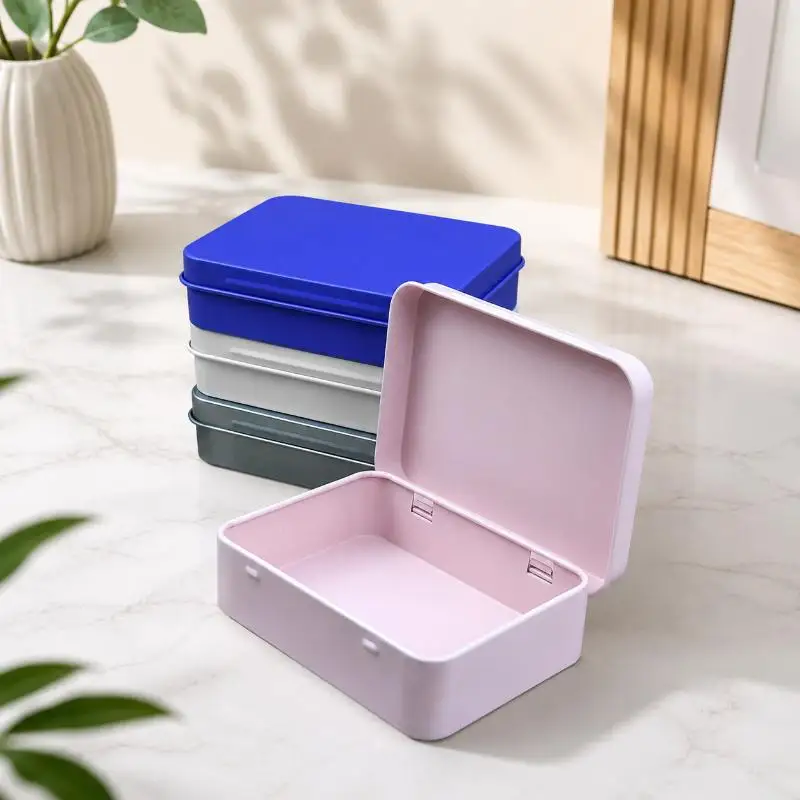 1PC Solid Color Rectangular Flip Cigarette Storage Tin Box Metal Candy Pill Cases Hinged Containers Small Drawer Organizer Box