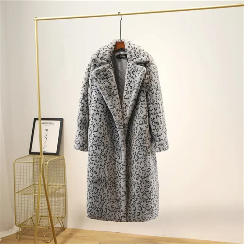 

Winter Thick Warm Leopard Long Teddy Fur Coat Women Outwear Loose Casual Female Suit Collar Rabbit Fur Jacket Weight 1.7kg-1.9kg