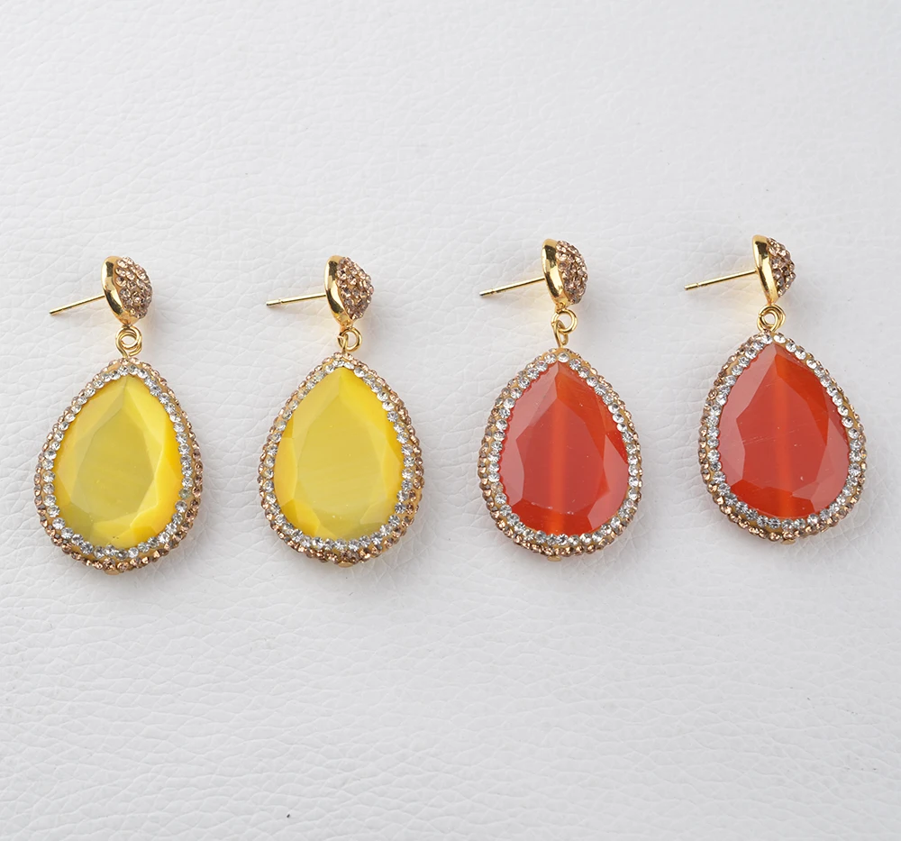 Red and Yellow Cat Eye Earrings CZ pave Gold Plated Earrings For Women