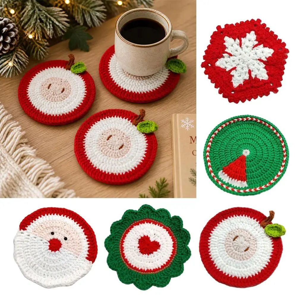 Cute Hand-Knitted Christmas Crochet Coaster Hand Crochet Heat Resistant Mug Pad Handmade Table Coaster Xmas Decor Gift