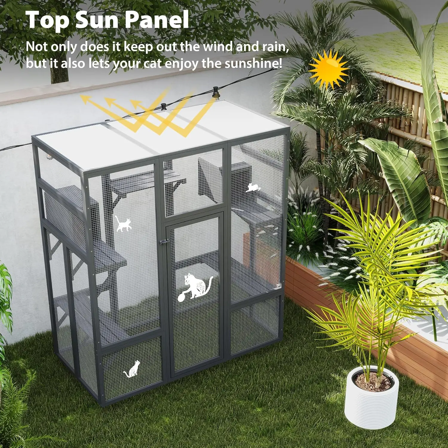 70Inches Large Spacious Wooden Outdoor Cat Enclosure with Perches and Condos, Cat Cage Indoor with Waterproof Roof, 7 Platforms