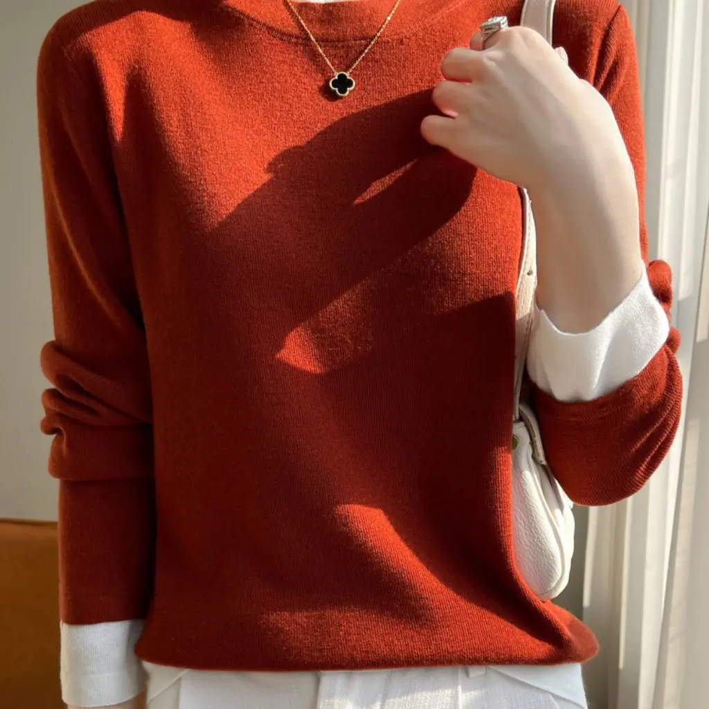 

Women's Color-Matching Fake Two-Piece Sweater Spring Super-Foreign Style Slimming Long-Sleeved Crewneck T-shirt