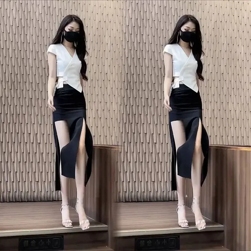 Slit Skirt Short Sleeve 2 Pieces Sets for Women Sexy Woman Outfit Clothing Trend 2024 The New Function of Matching Korea Co Ord