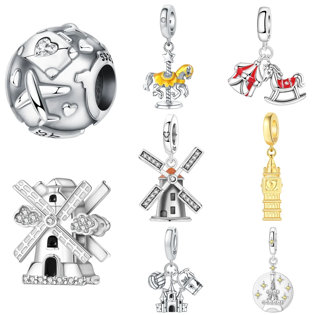 MISEFF S925 Sterling Silver Charm Carousel, Windmill, Big Ben Pendant Fit Original Bracelet DIY Jewelry Making Women Gift