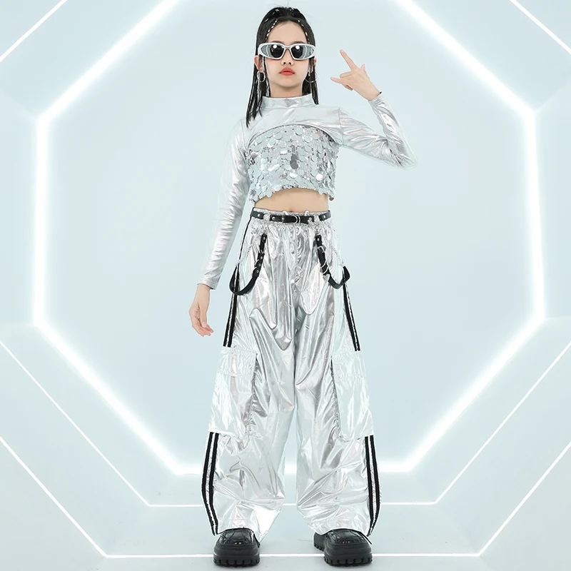 Kids Clothing  Jazz Dance Silver Sequin Suit Tops Cargo Pants Hip-hop Suit Street Dance Clothes Catwalk Show Costumes DQL9583