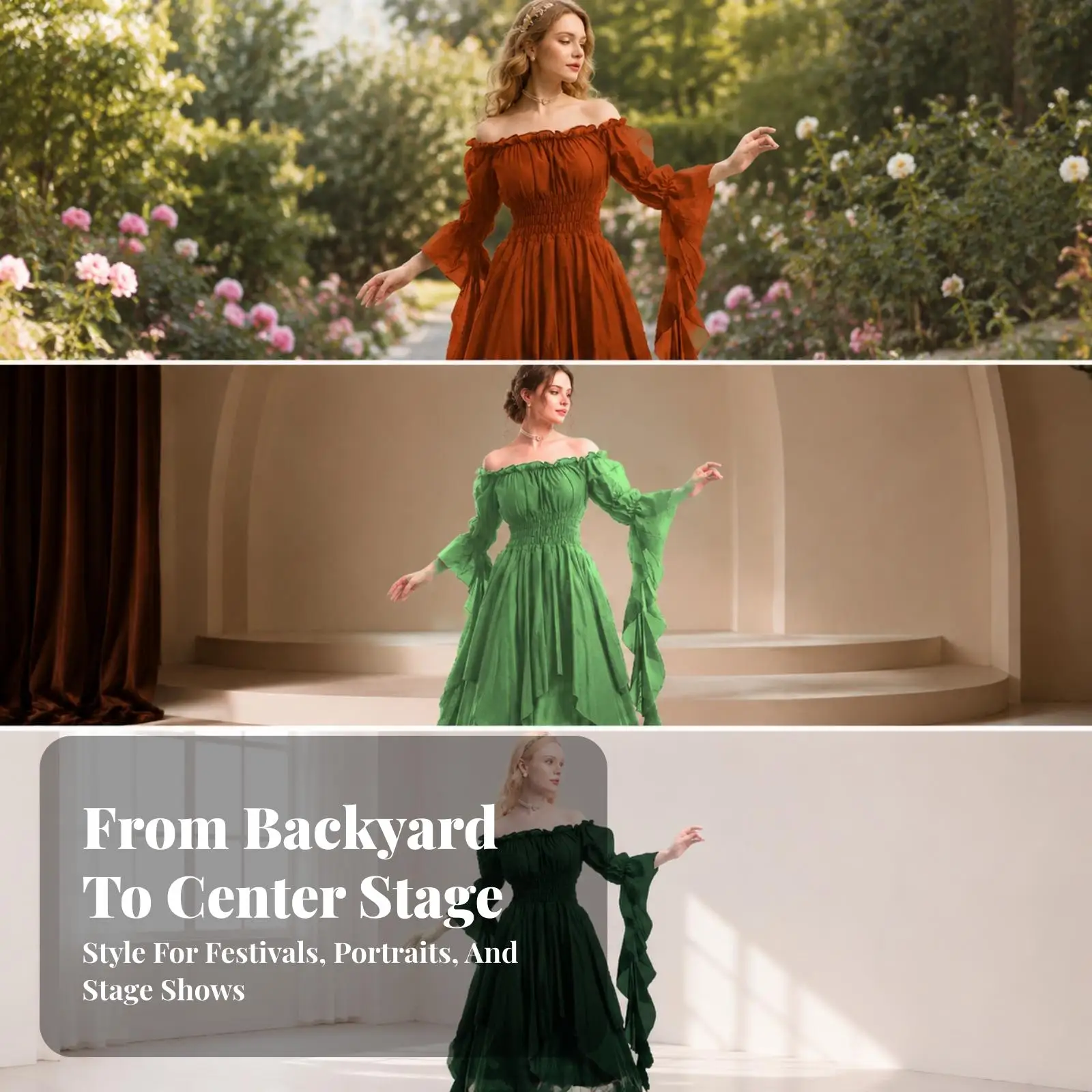 Off Shoulder Women Renaissance Dress Long Sleeve Medieval Style Gown for Festival Photoshoot Flowy Elastic Waist Skirt
