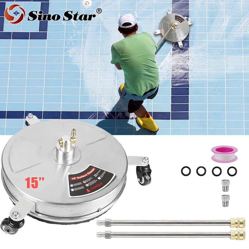 

15" High Pressure Washer Surface Cleaner Stainless 3 Wheels 1/4" Quick Connector 2 Extension Wand and Replace Nozzles 4000 PSI