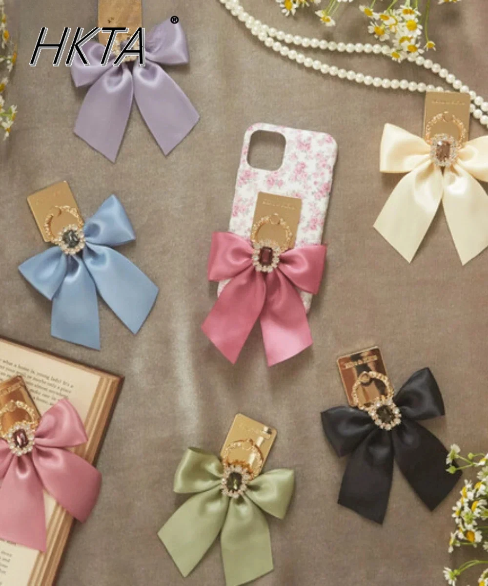 Japanese Niche Hot Rhinestone Satin Ribbon All-Match Metal Mobile Phone Finger Grip Girls Sweet Bow Phone Holder Rings for Women