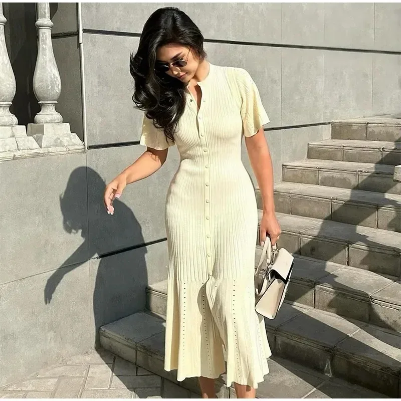 

European and American Women's Clothing Short-sleeved Button-split Knitted Dress Fashionable Women's High-waisted Long Dress
