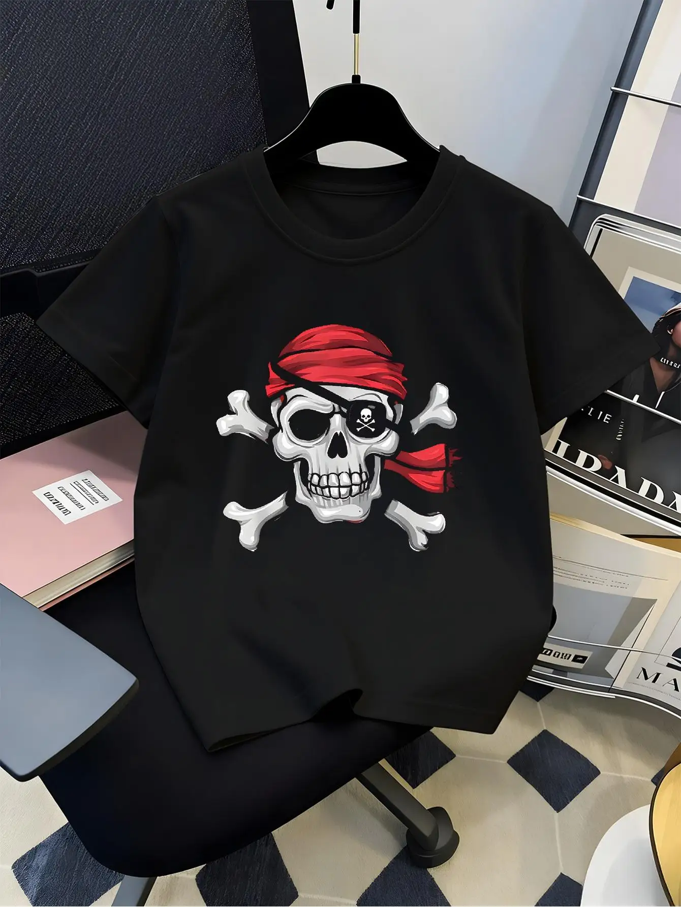 Pirate Skull Crossbones Red Bandana Eye Graphic Tee Boys Girls Family Matching Casual Parent Kids Adventure Short Sleeve Outfit