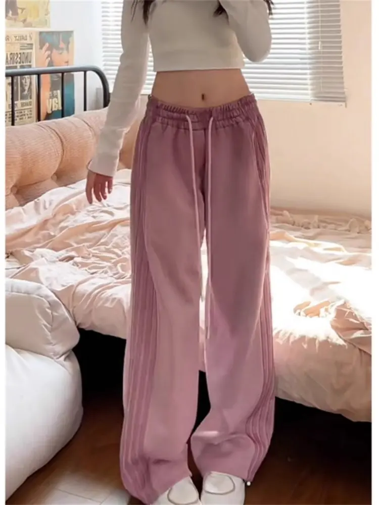 กางเกงขายาวทรงตรงสไตล์อเมริกันสำหรับผู้หญิง ลายทางสีชมพู กางเกงลำลองสำหรับฤดูใบไม้ร่วงและฤดูหนาว ทำจากผ้าถัก