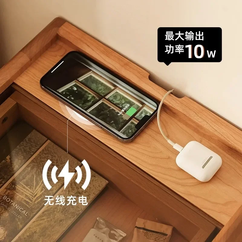 Night bedside table Solid wood smart wireless charging retro bedside table